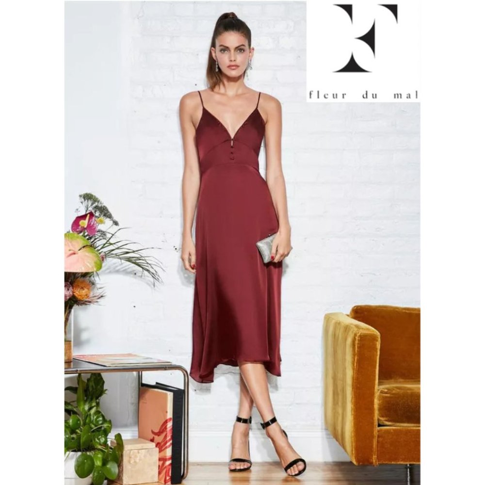 FLEUR DU MAL Ruched V-Plunge Slip Midi Dress Red Vino 100% Silk NWT! $495 Sz 0